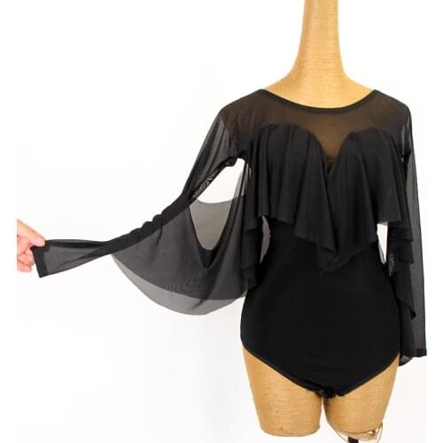 Latin Dance Leotards Adult Ballroom Dancing Performance Clothes Long Sleeves Tops Black Practice Shirts Waltz Costume DNV15165