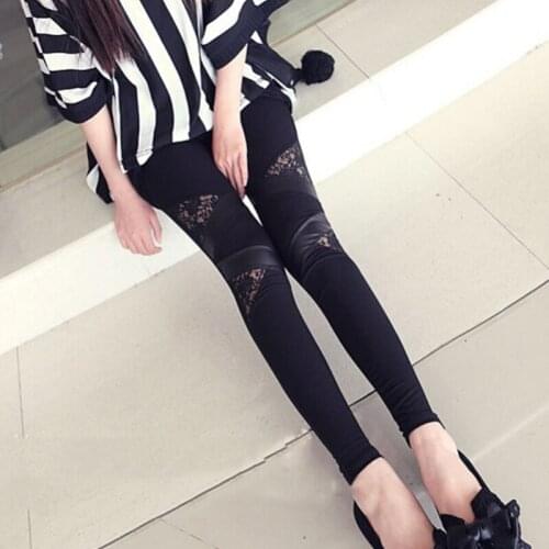 Womens Faux Leather Lace Patchwork Stitching Hollow Out Skinny Pants Leggings