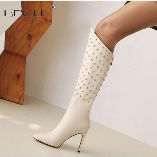 Lsewilly Black White Stiletto Thin High Heels Knee High Boots Ladies Autumn Winter Rivet Modern Punk Boots Shoes Botas Mujer