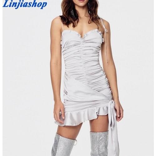 Spring summer women mini dress spaghetti straps beach sliver ruched back zipper slim femme vestidos