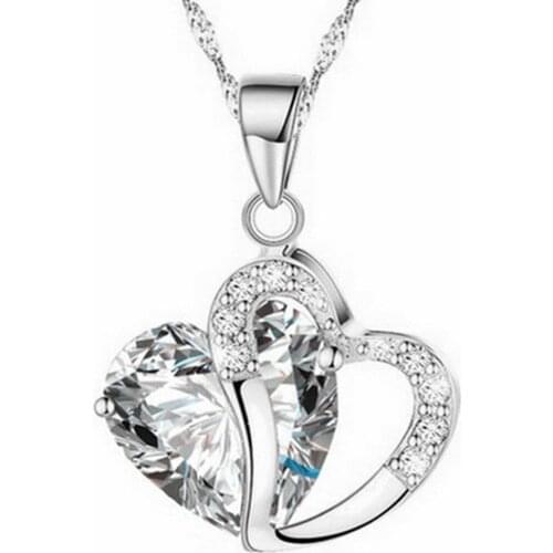 Women Heart Crystal Rhinestone Silver Chain Pendant Necklace Jewelry Zircon Crystal Necklace Clavicle Chain Sweater Chain