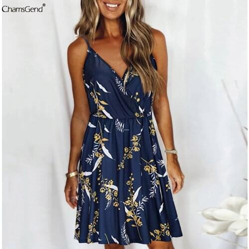 Fashion Women Boho Floral Print Strap Dress Casual Sexy V-neck Beach Swing Dress Vestidos Evening Party Dress Women Clothing