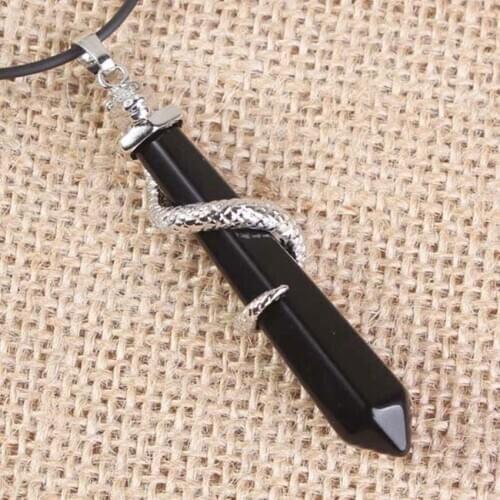 100-Unique 1 Pcs Silver Plated Snake Wrap Hexagon Prism Black Agates Pendant Charm Jewelry