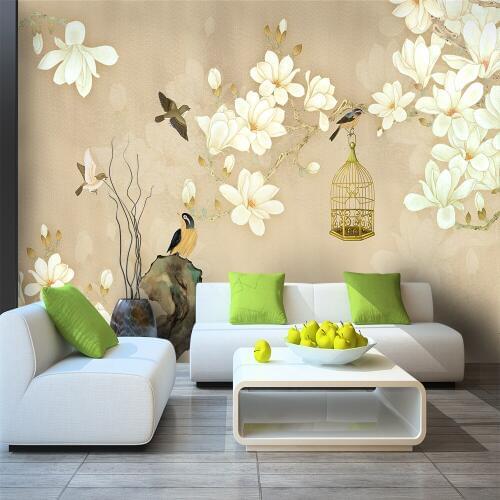 Custom 3d wallpaper new Chinese classical art pen flower bird branch bird cage background wall - silk waterproof material