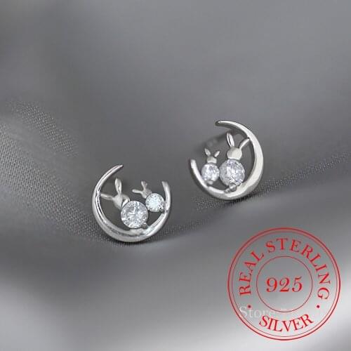 925 Sterling Silver Crystal Moon Rabbit Stud Earrings For Women Wedding Gift Female pendientes mujer moda aretes de mujer