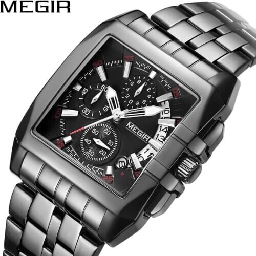 MEGIR 2020 Luxury Black Mens Watches with Stainless Steel Band Rectangle Big Dial Waterproof Male Military Watch Zegarek Męski