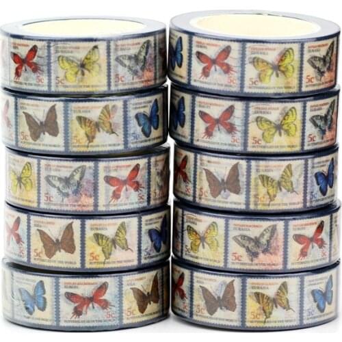 NEW 10pcs/Lot Decorative Vintage Postage Stamps with Butterflies Washi Tapes DIY Bullet Journal Adhesive Masking Tape Stationery