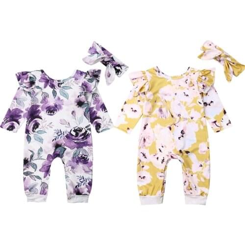 Newborn Baby Girls Boys Romper Clothes Floral Print Long Ruffles Sleeve Jumpsuits Overall Headband Outfits Set