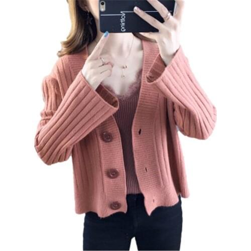 Short Knitted Sweater Cardigan Women 2020 Korean Cute V Neck Button Jacket Coat Female Casual Blue White Knitwear Clothes PZ3448