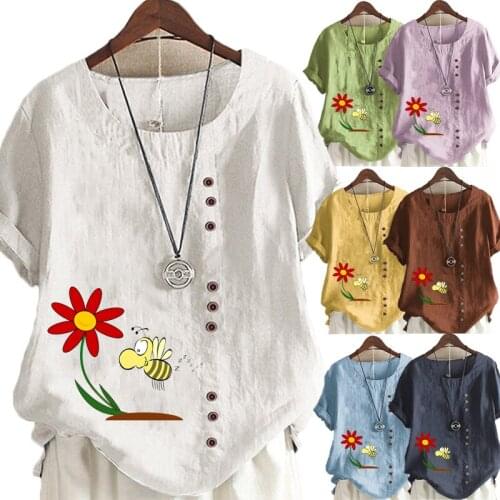 Summer Casual Flowers Print Loose T-shirts Vintage Cotton and Linen O-Neck Plus Size Short Sleeve Blouse Tops For Women S-5XL