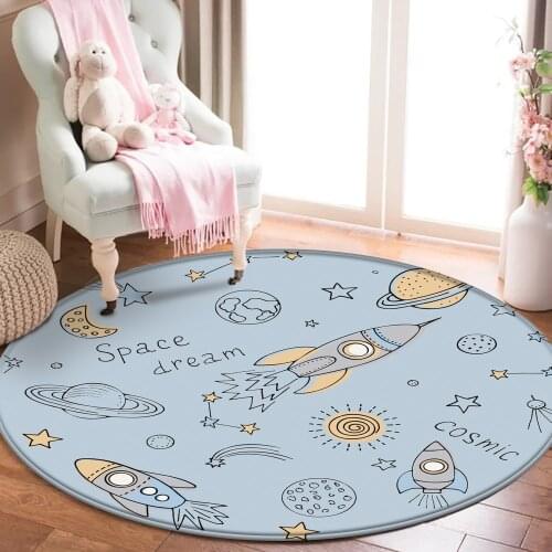 2021 Cute Interest Rocket Space Pattern Children Flannel Pink Carpet Baby Hand Print Carpet Baby Play Mat Round Children Carpet