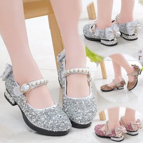Childrens Shoes Lace Big Bow pearl Princess Party Performance Shoes Big Student Girl Shoes for Low-heeled Soft Sole Leather