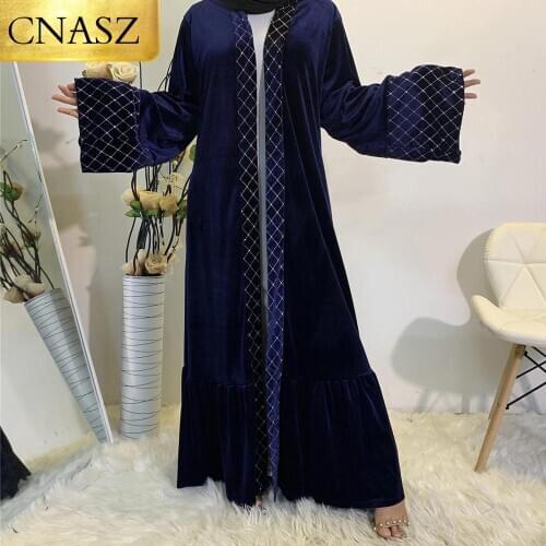 Autumn Winter Modest Abaya Loose Sleeves Front Open Cardigan Sequins Mesh Velvet Warm Coat Abayas For Muslim Women