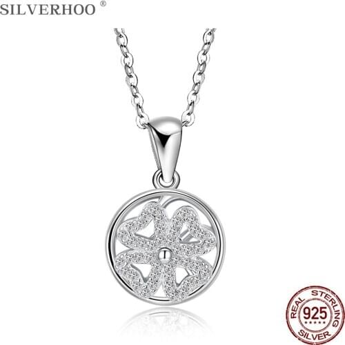 SILVERHOO 925 Sterling Silver Pendant Necklace For Women With Heart-Shaped Flowers Austria Crystal Necklace Party Fine Jewelry
