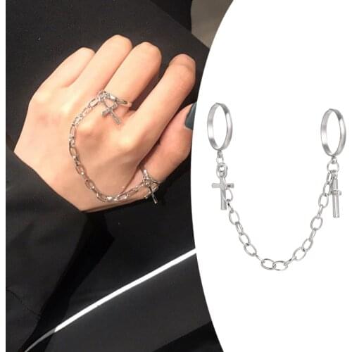 Punk Hip-Hop Double Cross Ring Hand Silver Plated Retro Finger Chain Adjustable Rings Jewelry Gift for Unisex Ring Party Rings