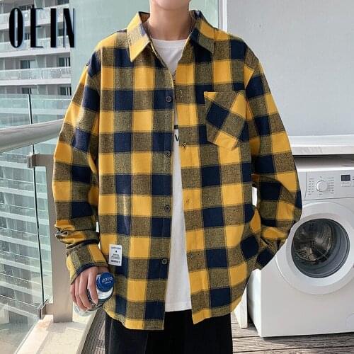 Men Oversized Cotton Plaid Shirt 2021 Autumn Man Hip Hop Patchwork Button Up Long Sleeve Shirt Couple Korean Harajuku Clothing