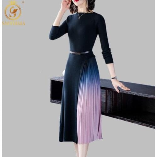 SMTHMA 2021 New Spring Womens Long-Sleeved Slim Knitted Patchwork Dress Gradient Pleated Sweater Dresses Vestidos