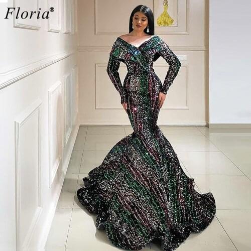 Special Sequins Evening Dresses Long Sleeves Formal Prom Dresses Women Party Night Turkish Couture Arabic Gowns Robe De Soiree