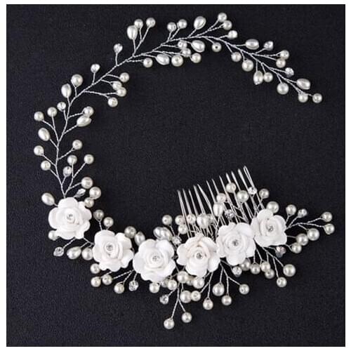Wedding Headdress Pearl Hairband White Flower Handmade Headbands Hairbrush Bride Hair Jewelry Hair Comb