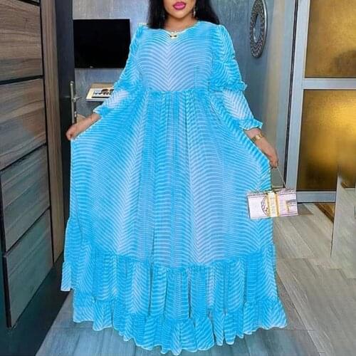 MD Print Striped Ruffle Dresses For Women 2 Piece Suit 2021 New African Plus Size Ankara Dubai Abaya Ladies Clothes 3XL Boubou