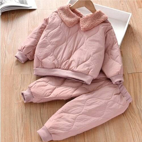 Winter Girl Clothes Sets For Kids Lapel Jackets+Pants Sets 2pcs Plus Velvet Thick Coats For Girl Toddler Children Clothes Spring