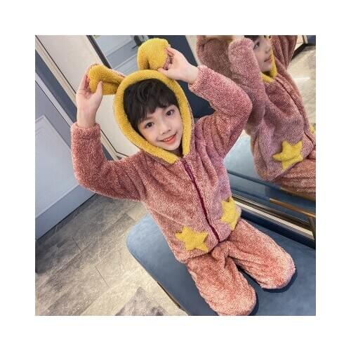 Winter Thicken Warm Boys Pajamas 2 Piece Sets Cartoon Flannel Hooded Coats+Trouser Winter Children Sleepwear Outfits 4-13T