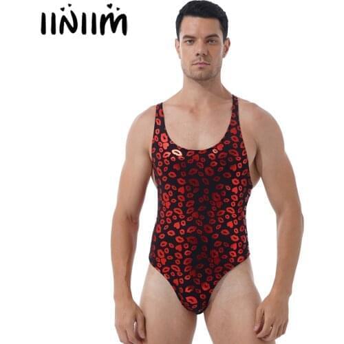 Lip/Skull Print Bodysuit Underwear Men Fashion Round Neck Sleeveless Sexy Jumpsuit High Cut Leatord One-piece Swimsuit Nightwear