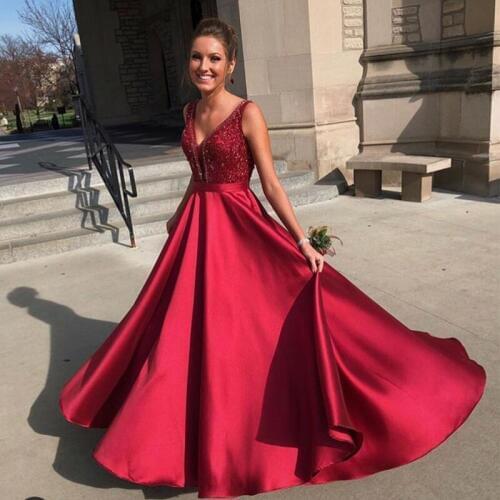 Burgundy Long Prom Dresses A-line Robe De Soiree 2019 Elegant Women Formal Party Dress Full Length Delicate Beading Prom Gowns