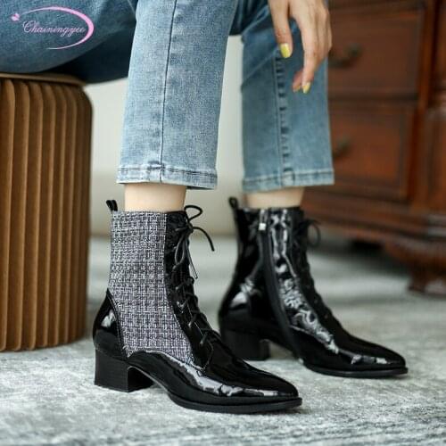 Casual style round toe genuine leather paint ankle boots lace-up plaid zipper medium heel thick riding boots womens shoes