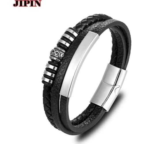 Newest Stainless Steel Genuine Leather Bracelet For Men Geometrically Irregular Graphics Black Color Accessories Jewelry B01041