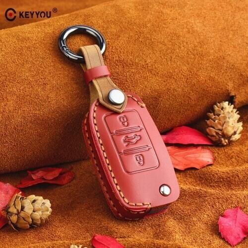 KEYYOU Genuine Leather Keychain Key Cover Case For Skoda Octavia A7 A5 Car-Styling For VW Volkswagen Polo Golf Bora Jetta Passat