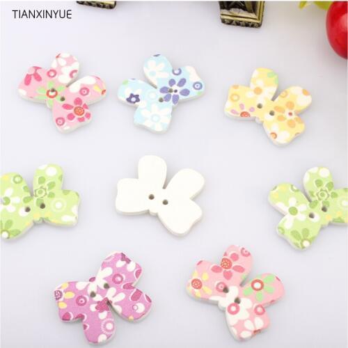 Flower Butterfly Wood Button Scrapbooking Random color Two Holes Pattern 27mm DIY Handmade Sewing Scrapbooking Craft Accessories