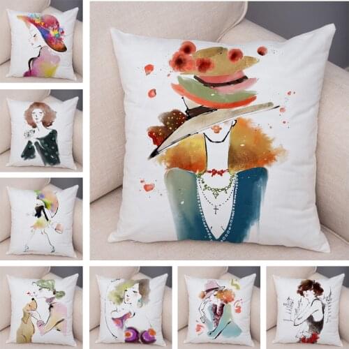 Watercolor Elegant Women Cushion Cover Decor Vogue Lady Girl Pillow Case Short Plush Pillowcase for Sofa Home Car 45x45cm