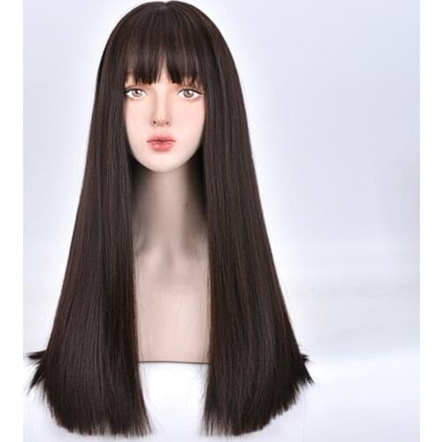 GAKA Synthetic Hair Womens Long Straight Natural Black/Mixed Brown Daily Wig with Bangs