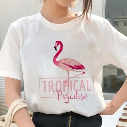 Harajuku Women fashion T-Shirt 2020 Summer Lovely Flamingo Printing T Shirt Casual White Tops Short Sleeve Tshirt clothing