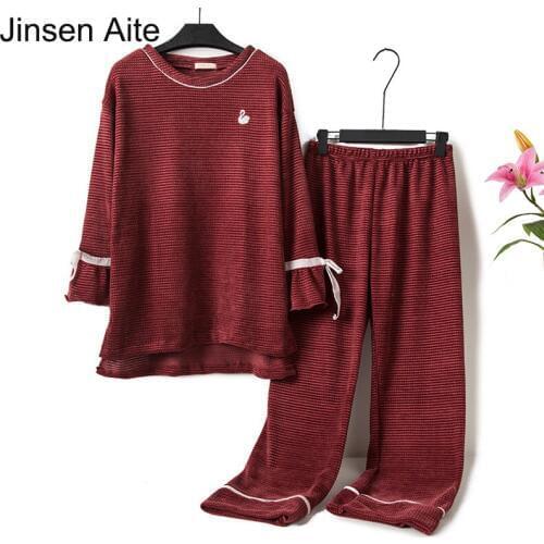Jinsen Aite Vintage Fashion Autumn and Winter Cotton Cashmere Women Pajamas Sets Loose Long-sleeve Two-piece Home Clothes JS758