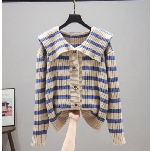 Cardigan Womens Autumn 2021 New Kawayi Korean Loose Sweater Jacket Striped Sweater All-Match Doll Collar Top Ladys O84