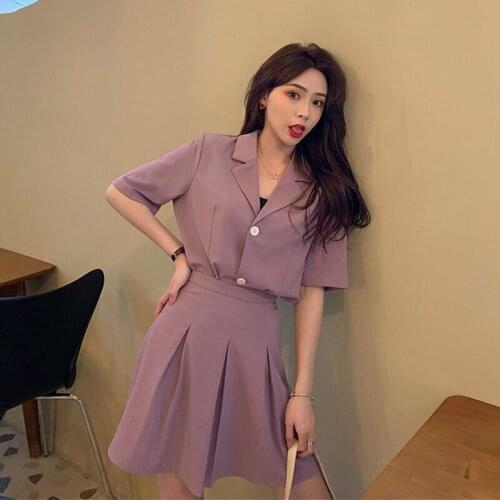 Suit Female Retro Chic Summer V-Neck Single-breasted Short-sleeved Shirt + Fashion Skirt Female Purple Two-piece Set