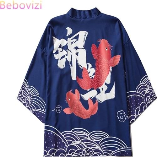 M-XXL 2021 Fashion Loose Japanese Blue Carp Samurai Streetwear Cardigan Women Men Harajuku Haori Kimono Cosplay Blouse Yukata