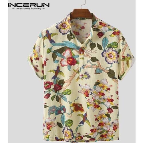 INCERUN Men Printed Shirt Cotton Streetwear Breathable Short Sleeve 2021 Stand Collar Hawaiian Shirts Casual Camisas Plus Size