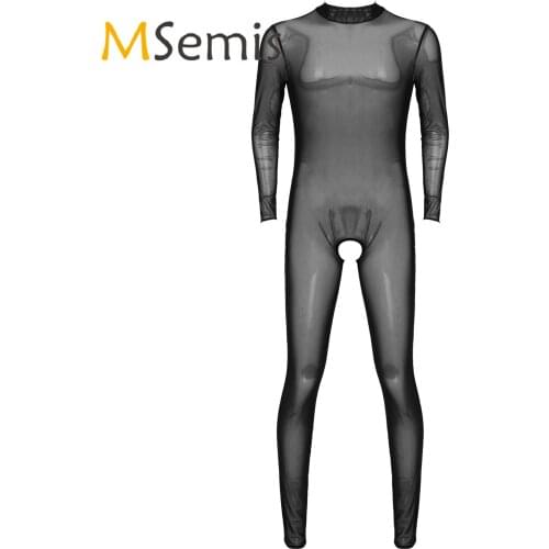 Mens Lingerie See-through Mesh High Neck Bodysuit One-piece Zipper Back Leotard Long Sleeve Gay Male Crotchless Skinny Jumpsuits