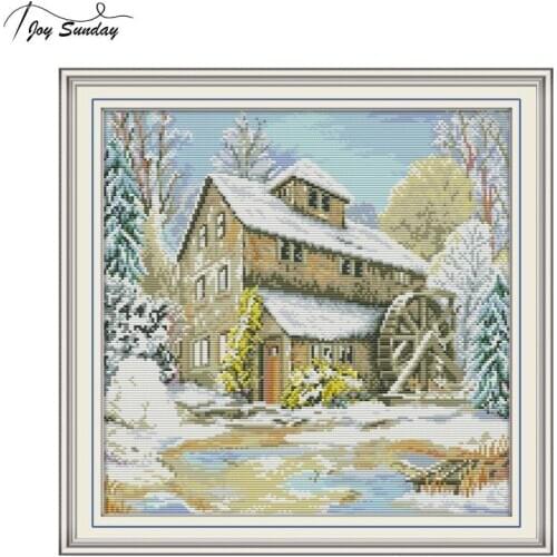 Joy Sunday Waterwheel Cabin Embroidery Kit Stamped Cross Stitch Kits Aida Cloth Needlework 14ct 11ct Crossstitch Thread Needles