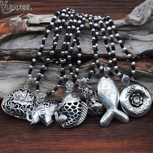 Yumfeel New Metal with Tibetan Silver Plated Pendants Necklaces Fish Flower Purse Gourd Elephant Necklace Jewelry