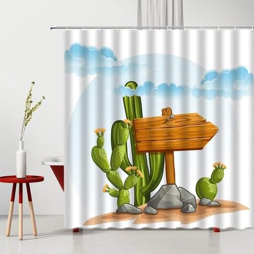 Cartoon Cactus Shower Curtain Desert Plant Creative Bathroom Decor Set Washable Fabric Home Bath Hanging Curtains With Hooks