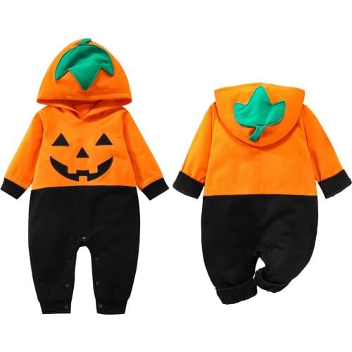 2021-07-06 Lioraitiin 0-24M Infant Baby Girl Autumn Halloween Clothing Romper Long Sleeve Pumpkin Printed Hooded Jumpsuit Outfit