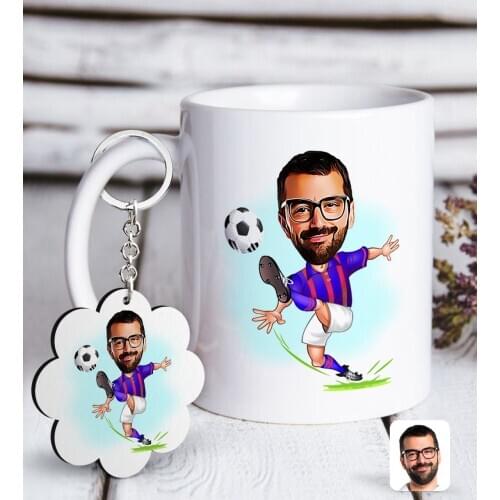 Personalized Burgundy Blue Football Player Caricature Of White mug And Keychain Gift set