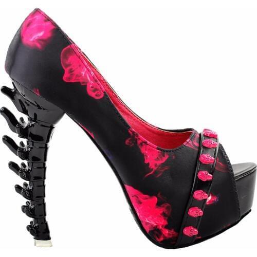 LF80654 Sex Punk Black Hot Pink Skull Head Band Peeptoe Platform Bone Heel Club 5"Pumps