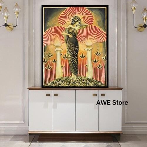 Soma Goddess Poster Print Pagan Mythology Wall Art Nouveau Psychedelic Mushroom Bohemian Canvas Painting Picture