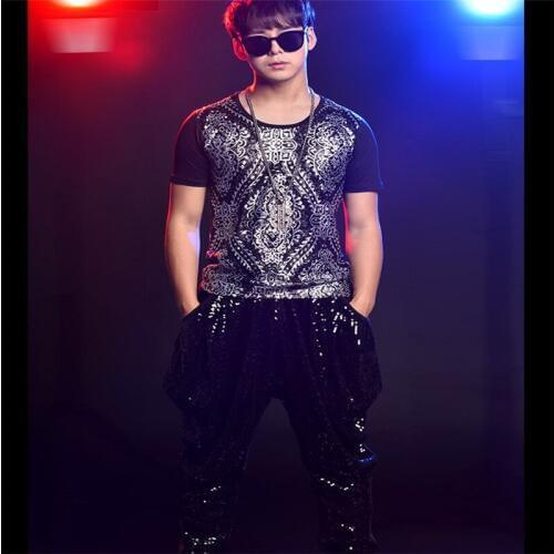 R34 Nightclub ballroom dance costumes stage men performance dress outfits dj sequin clothing pringting t-shirt bar pants party