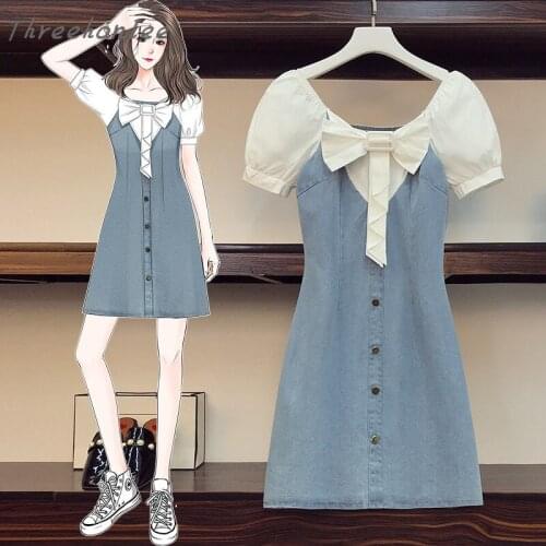 Plus Size 2021 Summer New Fashion Denim Dress Age Reducing O-neck Bow Shirt Patchwork A-line Casual Denim Dress